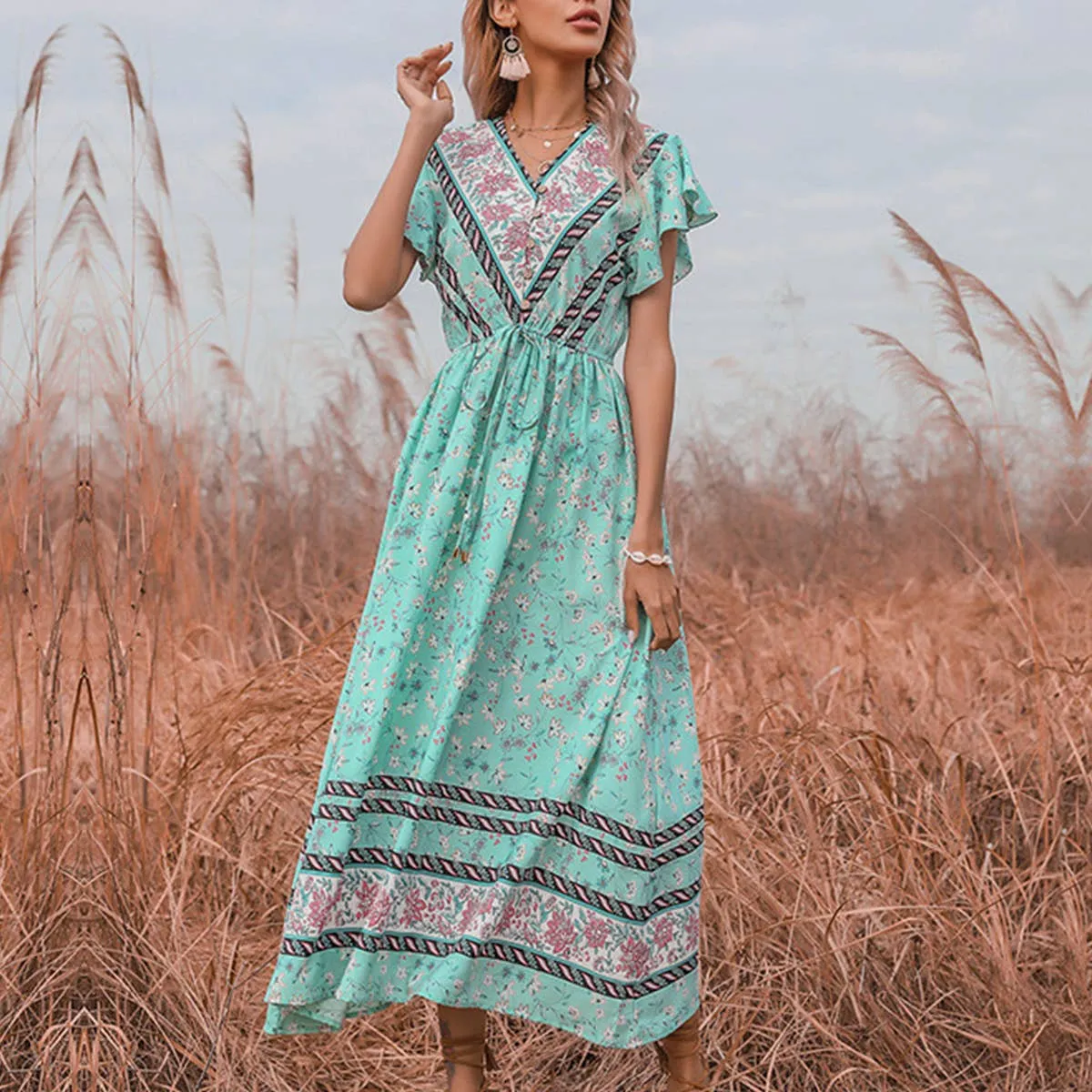 Dressy Yet Comfortable BOHO FROCK WITH RUFFLED SLEEVES_CWDMD1955