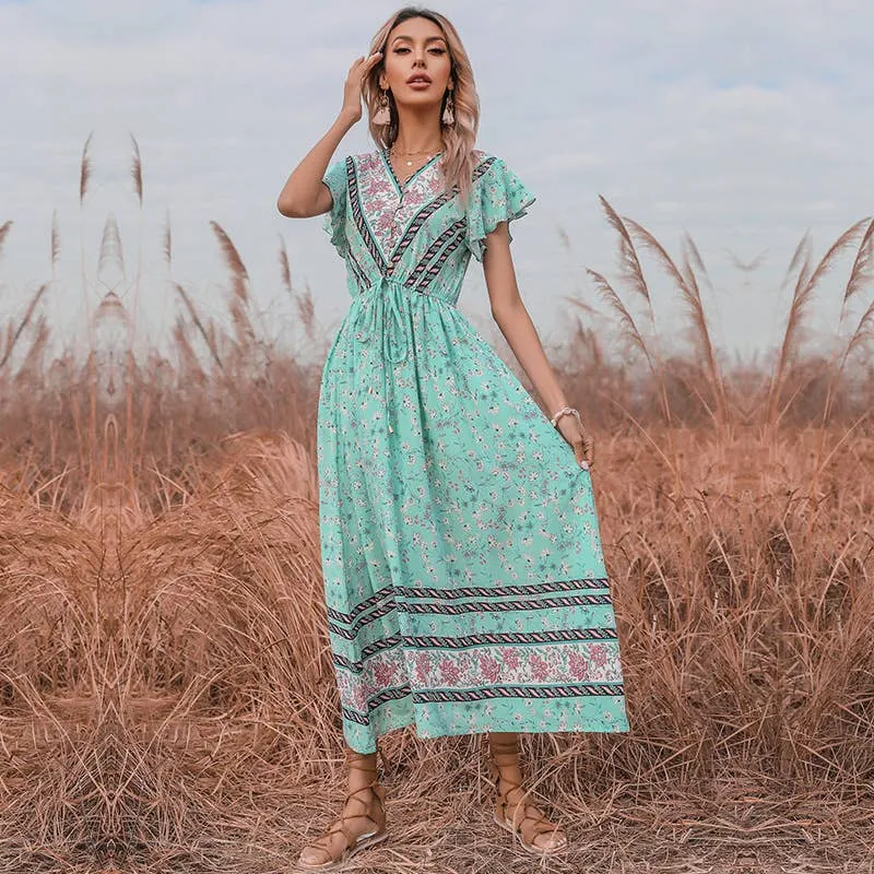 Fresh Flow Muted Tones BOHO FROCK WITH RUFFLED SLEEVES_CWDMD1955