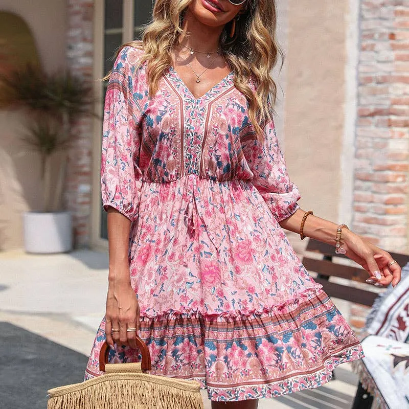 Delicate Tone BOHO HALF-SLEEVED FLORAL DRESS_CWDSD3867