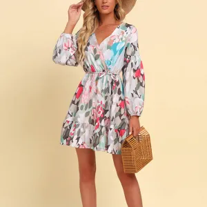 BOHO STYLE V-NECK PRINT LACE-UP LONG-SLEEVED DRESS_CWDSD4304 Luxe Touch