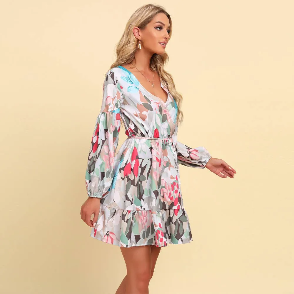 BOHO STYLE V-NECK PRINT LACE-UP LONG-SLEEVED DRESS_CWDSD4304 Confident Touch