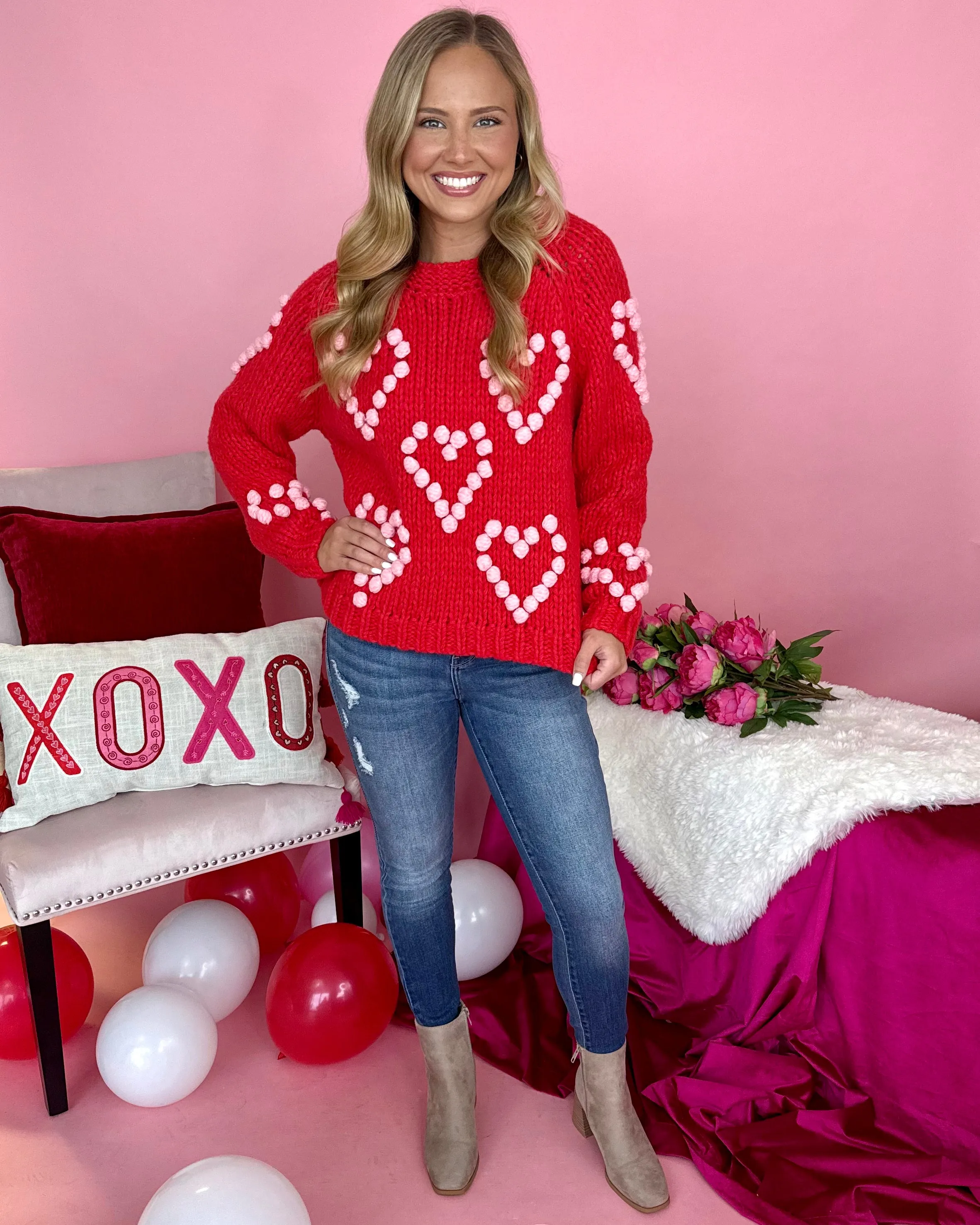 Bold Love Red/Blush Pom Sweater