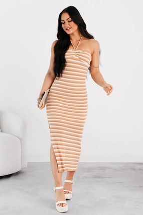 Low-Key Chill Striped Bodycon Maxi Dress (Taupe/White) sweet moment