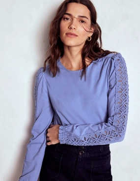 High Density Knit Sun Protective Fabric Scarlett Broderie Trim Top-Soft Blue
