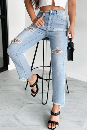 Boone High Rise Distressed Mom Jeans (Light Denim) Weighted Hem