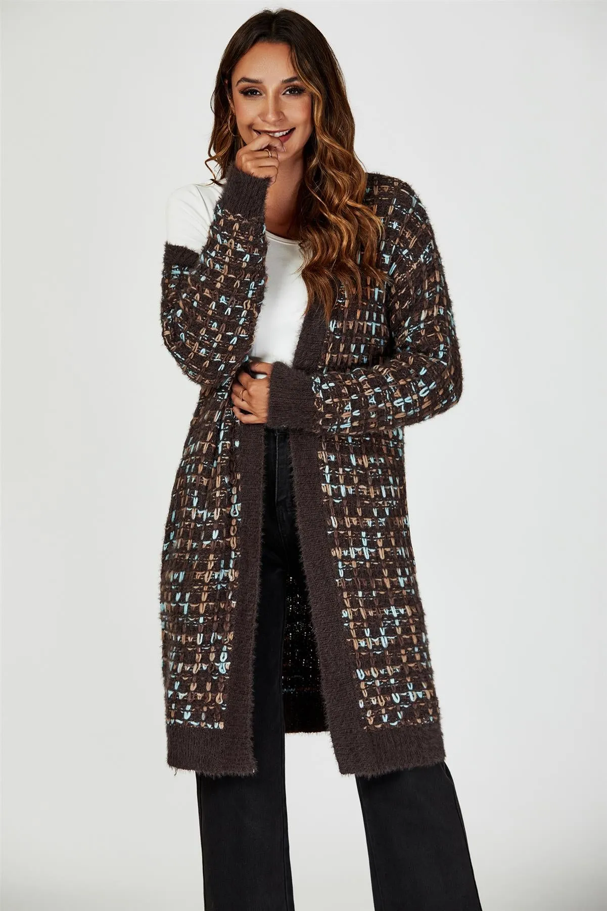 Boucle Check Cardigan In Brown With Multicolour Speckles