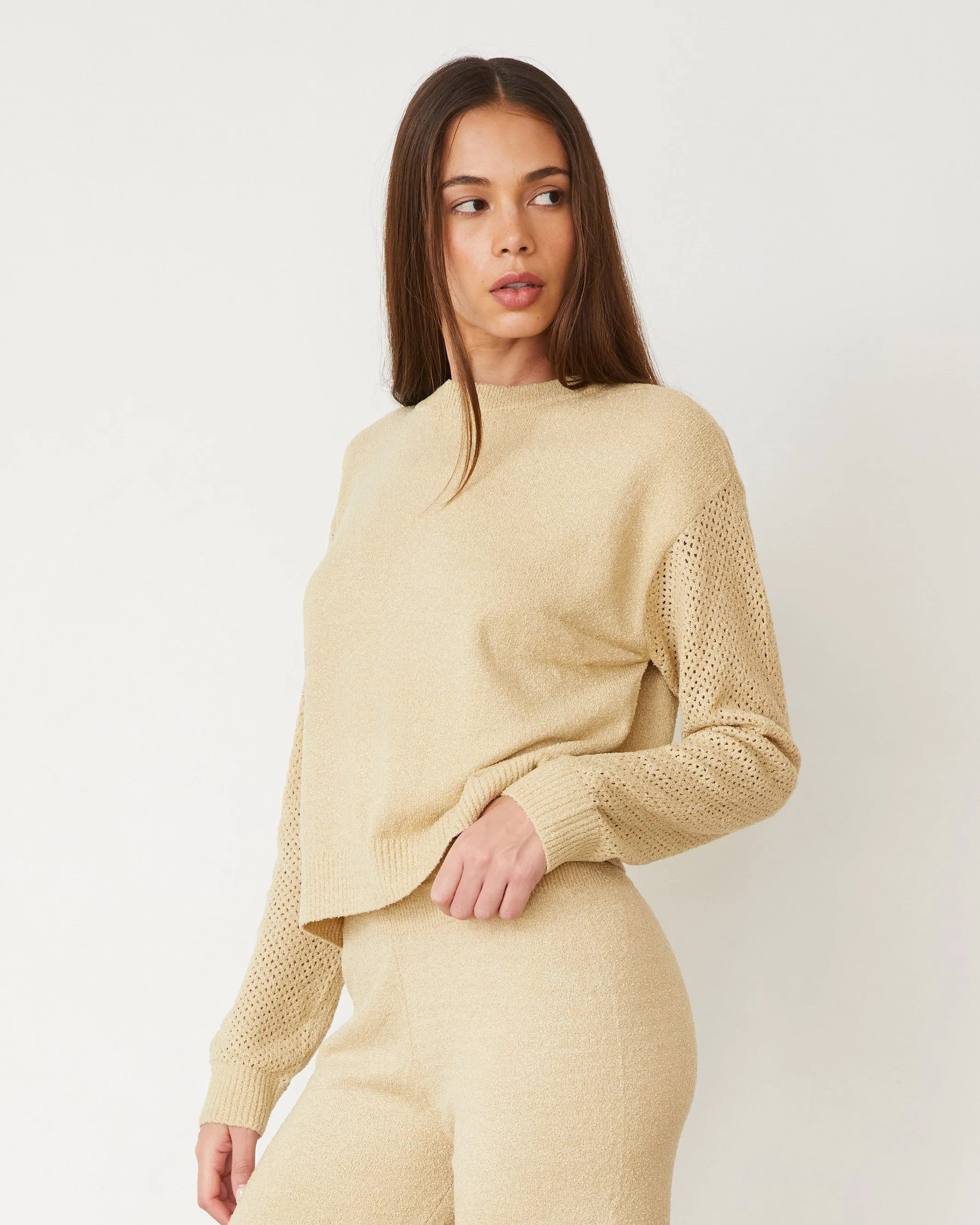 Boucle Knit Mesh Mixed Sweater Self Fabric Tie Closure Anti Slip Shoulder Padding