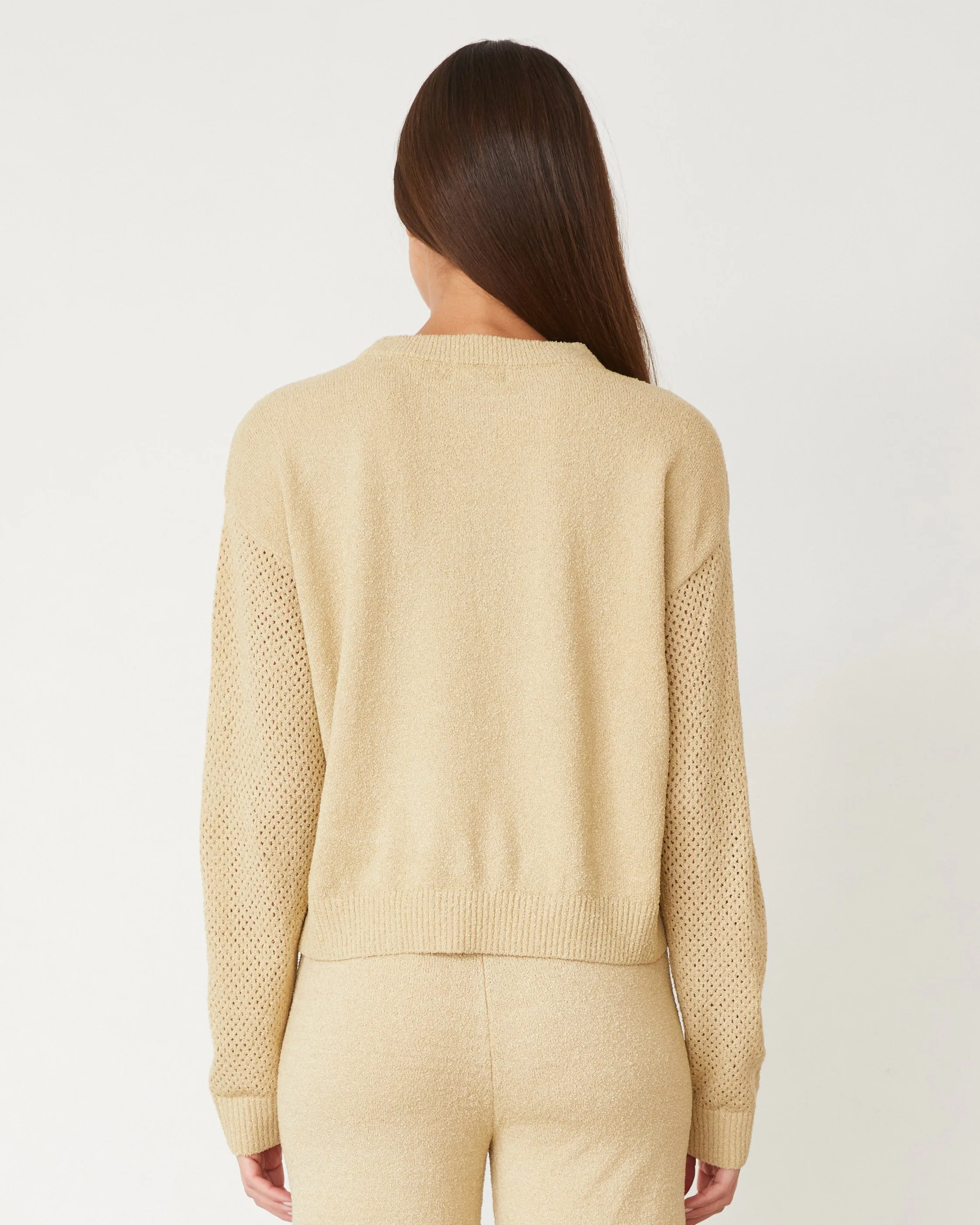 Boucle Knit Mesh Mixed Sweater Roll Up Sleeve Design Formal Blouse