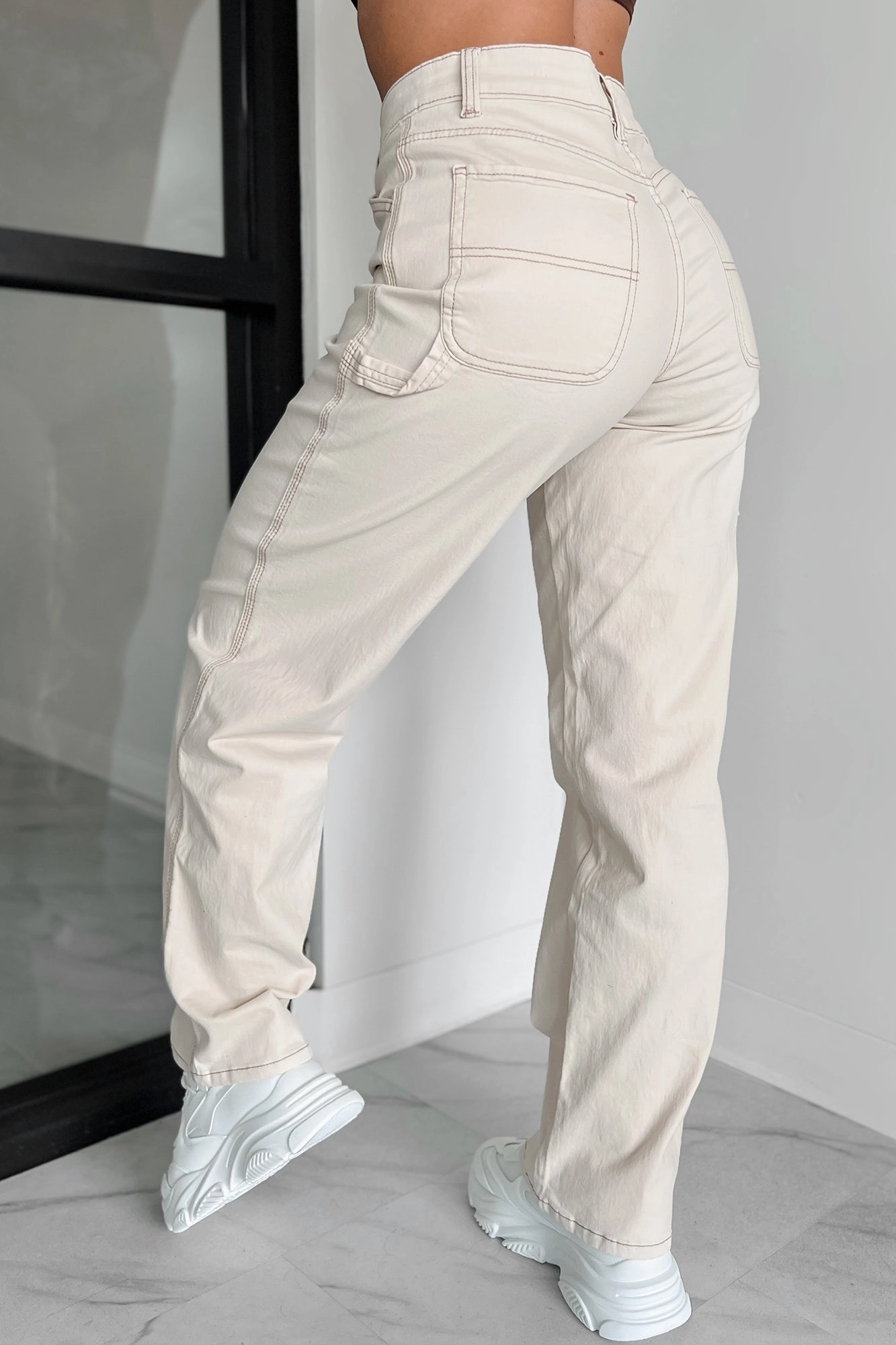 Lark High Rise Straight Leg Carpenter Jeans (Ecru) Contoured Armhole Design