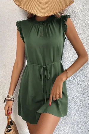ANGEL WING SLEEVE WRINKLED NECK STRING WAIST DRESS Lace-Edge Nature Glow