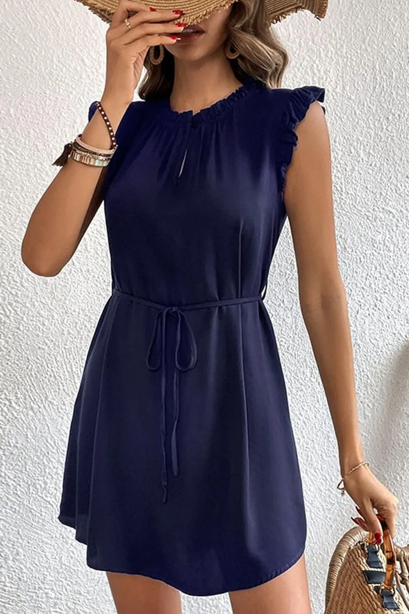 ANGEL WING SLEEVE WRINKLED NECK STRING WAIST DRESS Comfortable outdoor wear