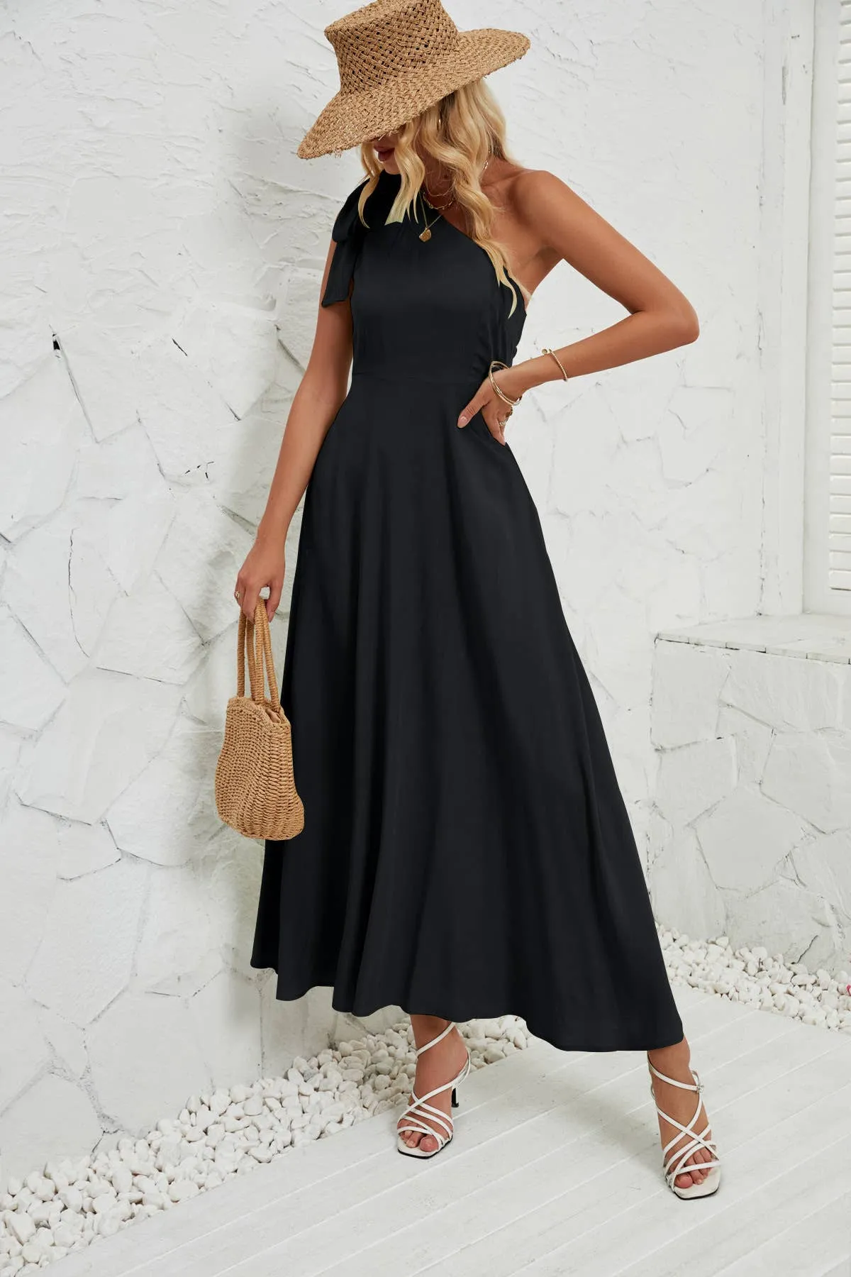 BOW ONE-SHOULDER BELTED DRESS_CWDMD1831 Formal dinner wear