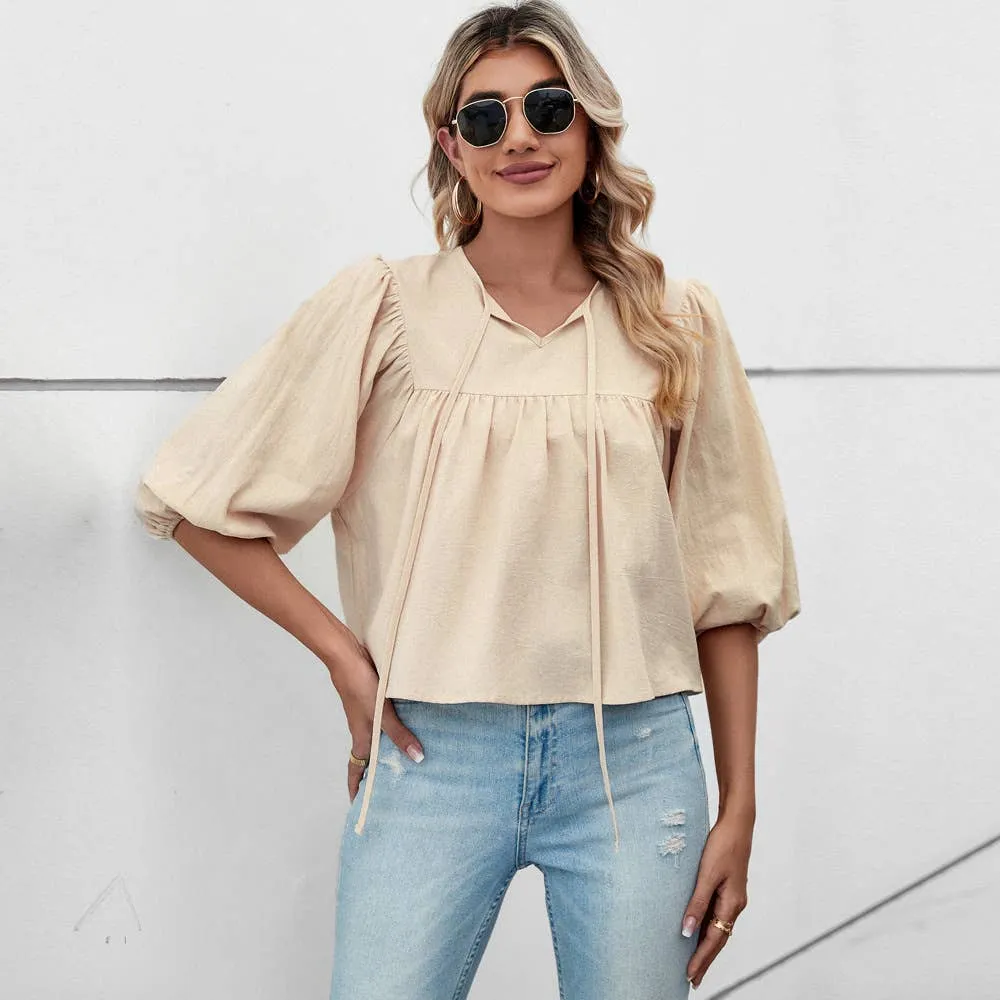 BOW TOP WITH FIVE-QUARTER SLEEVES_CWTBLS0768 Adjustable Fit System Multipanel Construction
