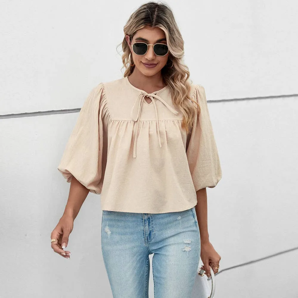 BOW TOP WITH FIVE-QUARTER SLEEVES_CWTBLS0768 Timeless Cut
