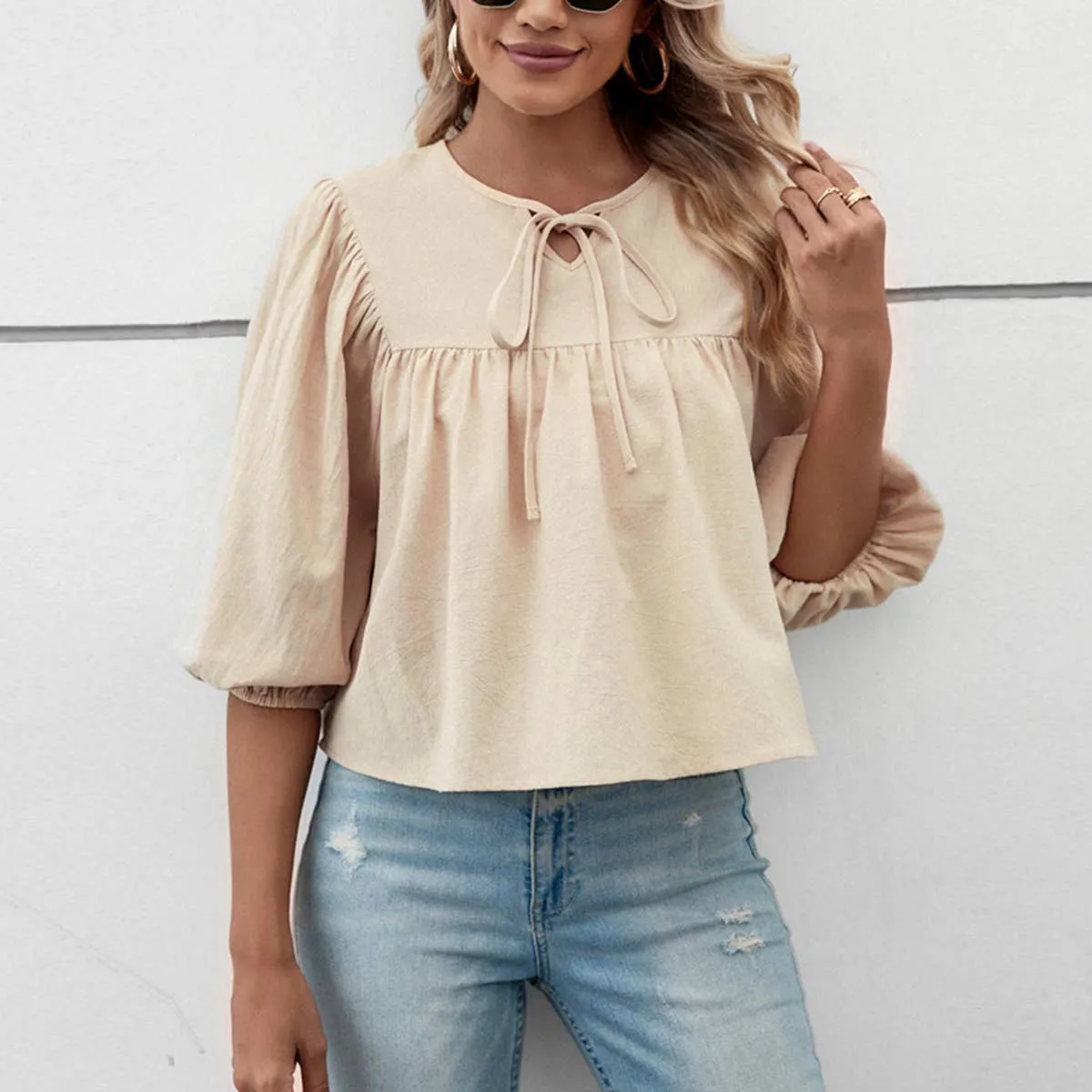 MultiPocketDesign Fitted Blouse BOW TOP WITH FIVE-QUARTER SLEEVES_CWTBLS0768