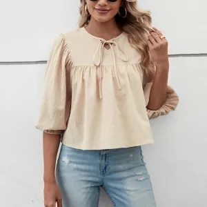 Brushed Interior Lightweight Jacket BOW TOP WITH FIVE-QUARTER SLEEVES_CWTBLS0768