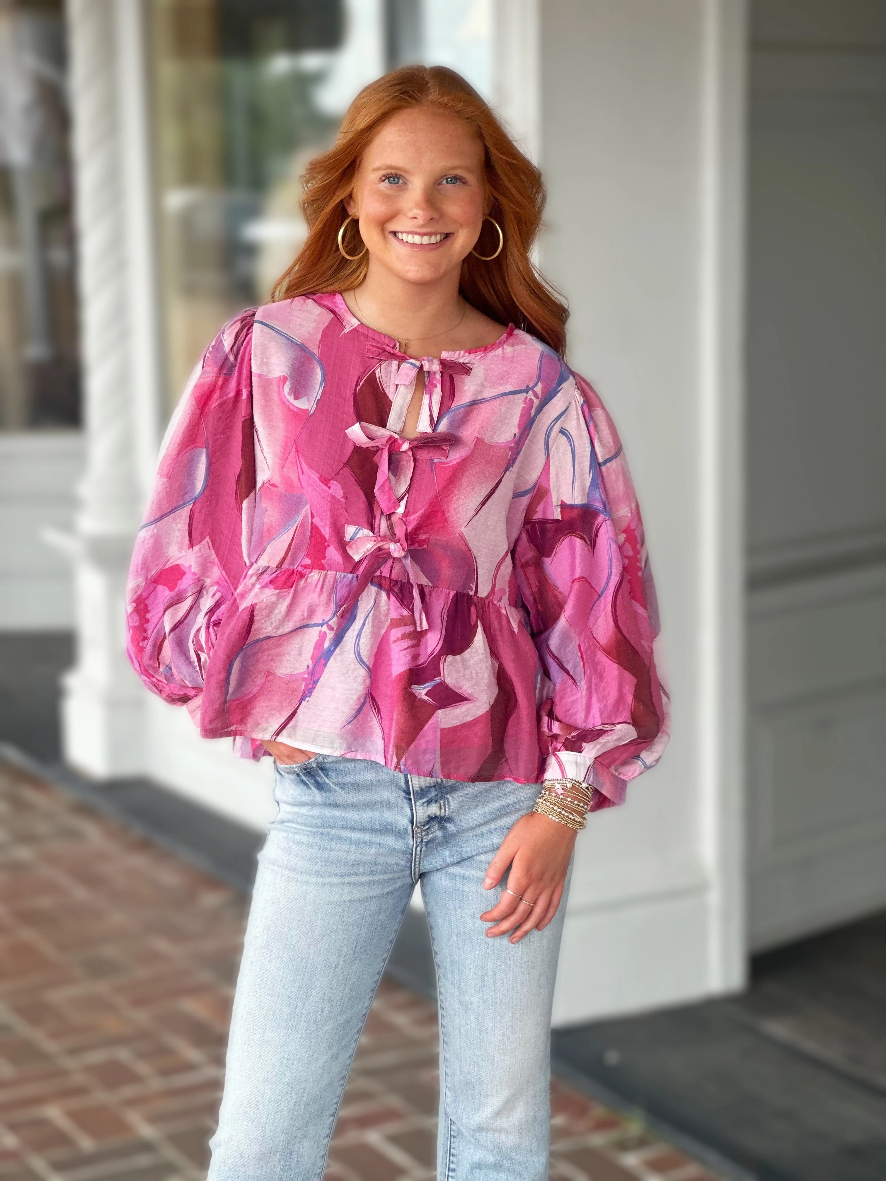 SoftTouchFinish Bow Ties Peplum Floral Top in Hot Pink Mix