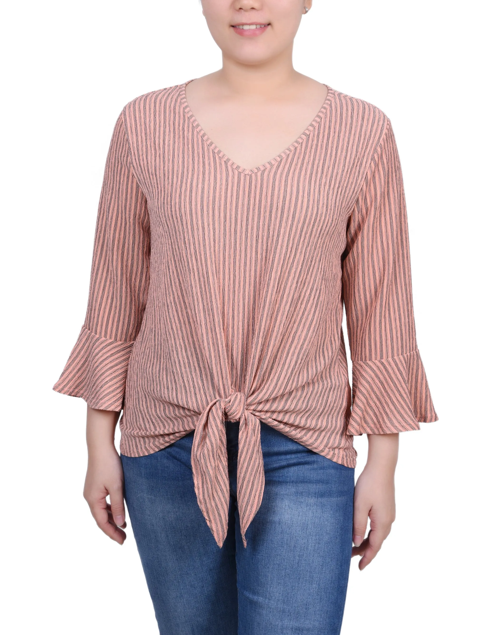 FlexibleCuffs Petite 3/4 Bell Sleeve Textured Knit Top