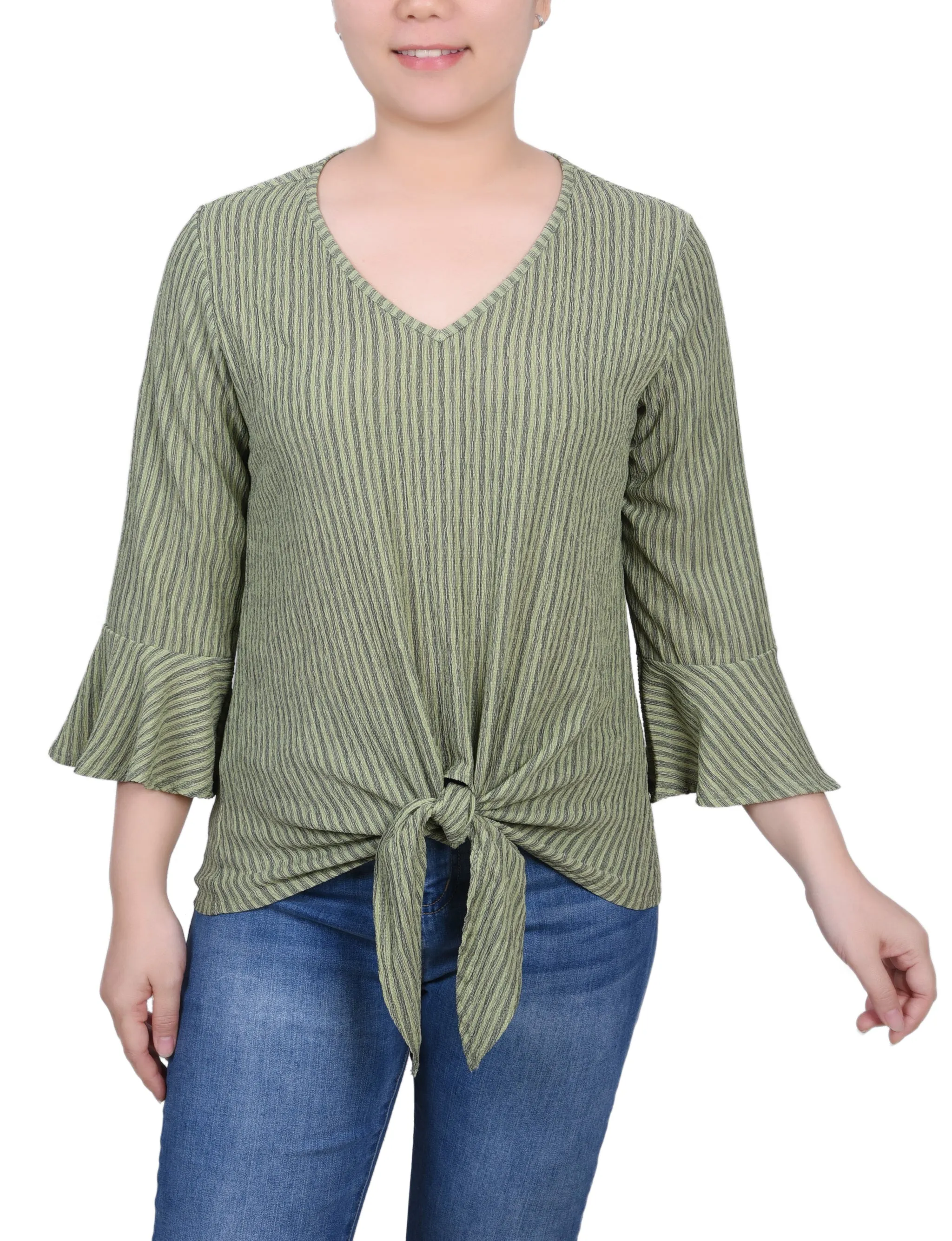 Wrinkle resistant fabric Petite 3/4 Bell Sleeve Textured Knit Top