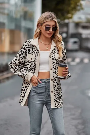 Curved Hem Design LAPEL LEOPARD SHACKET LONG SLEEVE SHIRT JACKET