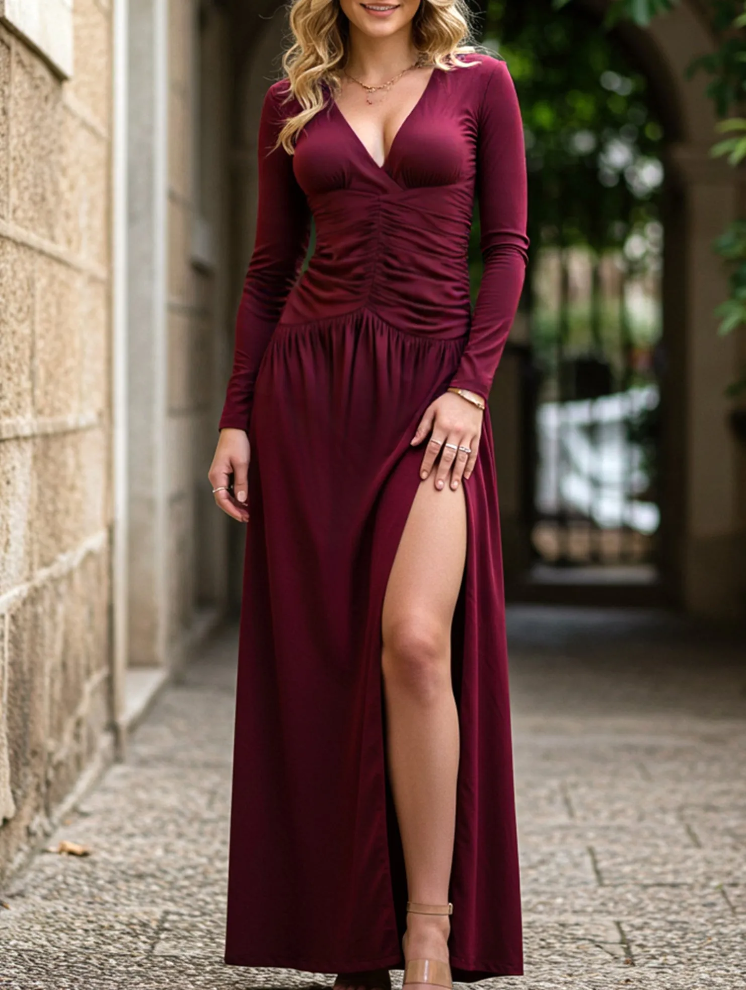 Natural Layers Walkable Flow Retro deep V long sleeve maxi dress