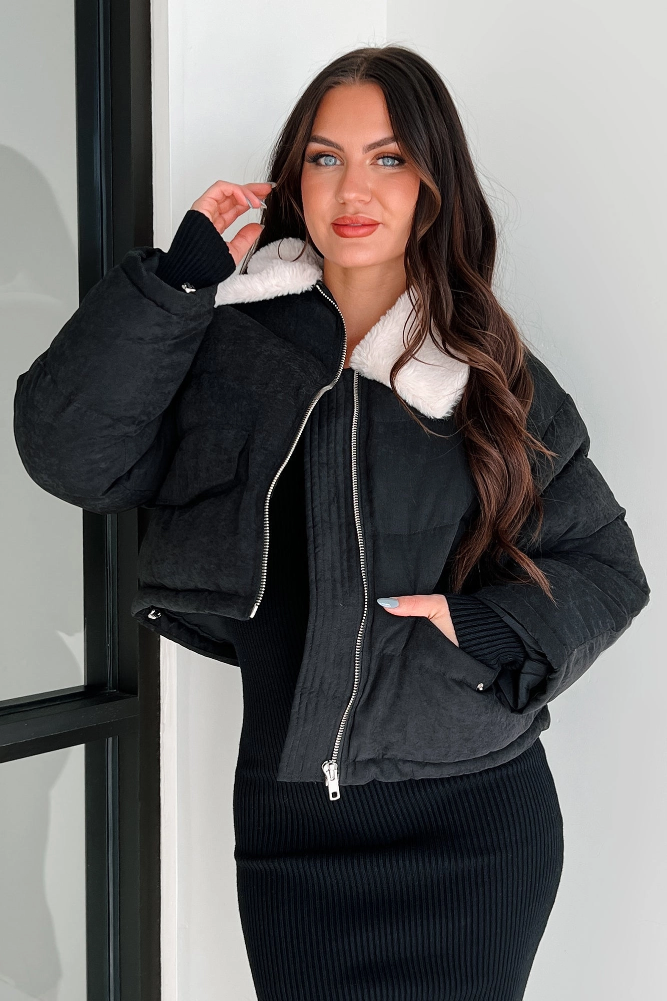 Icy Looks Faux Fur Collar Puffer Jacket (Black) Non Restrictive Cut Waterproof Zipper