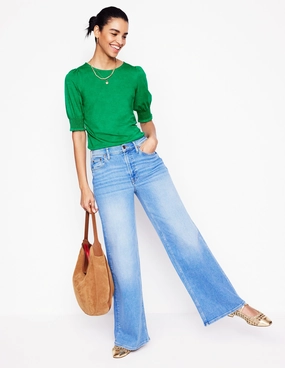 Short Sleeve Smocked Cuff Top-Rich Emerald Summer Sweater