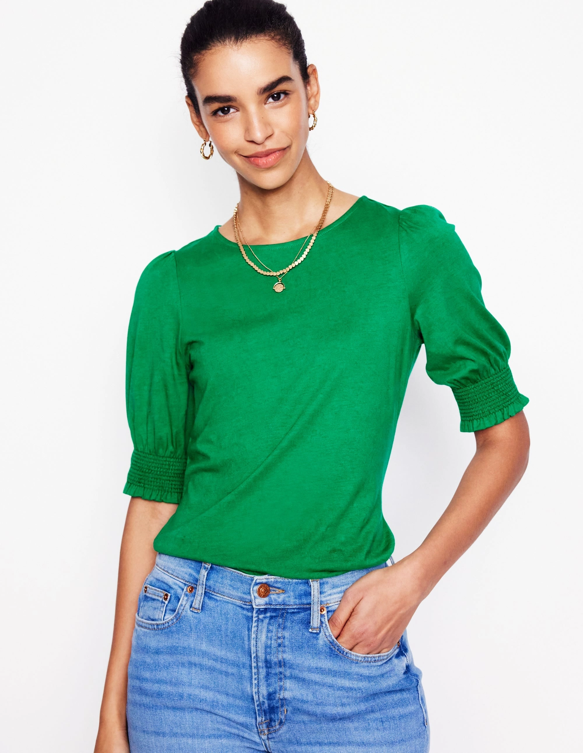 All Over Print Technique Short Sleeve Smocked Cuff Top-Rich Emerald