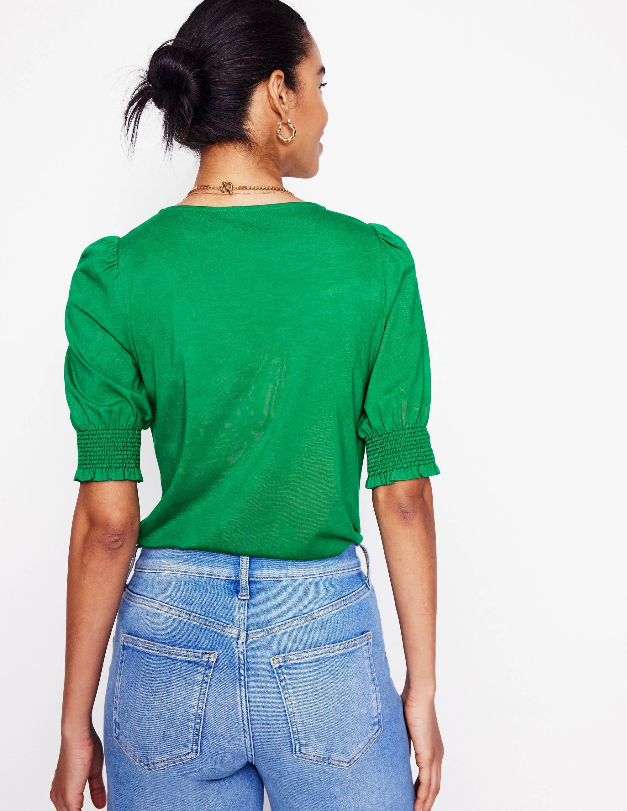 Comfortable Collar Durable Reinforced Elbows Short Sleeve Smocked Cuff Top-Rich Emerald