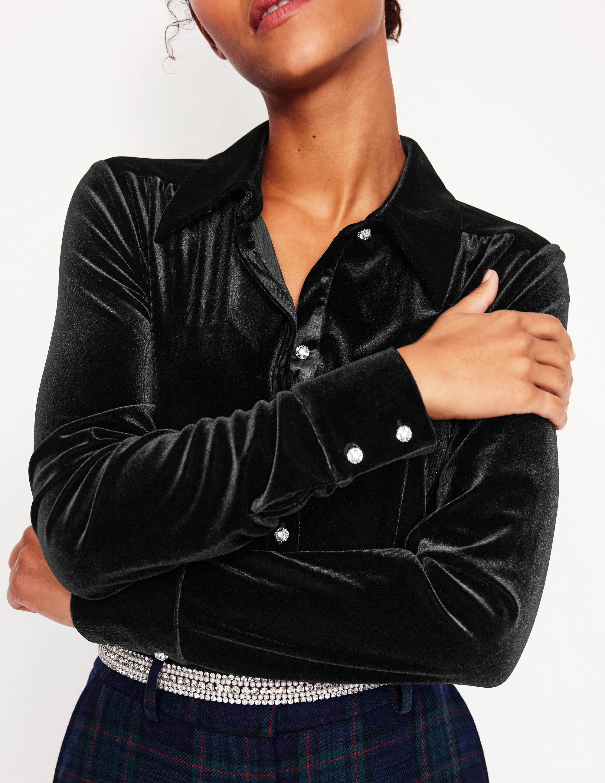 Four Way Stretch Material Jewel Button Velvet Shirt-Black
