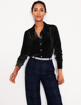 Jewel Button Velvet Shirt-Black Lightweight Layering Option RollUpSleeves