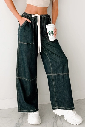 Soft Brushed Finish Chill Energy Wide Leg Drawstring Pants (Grey Denim)