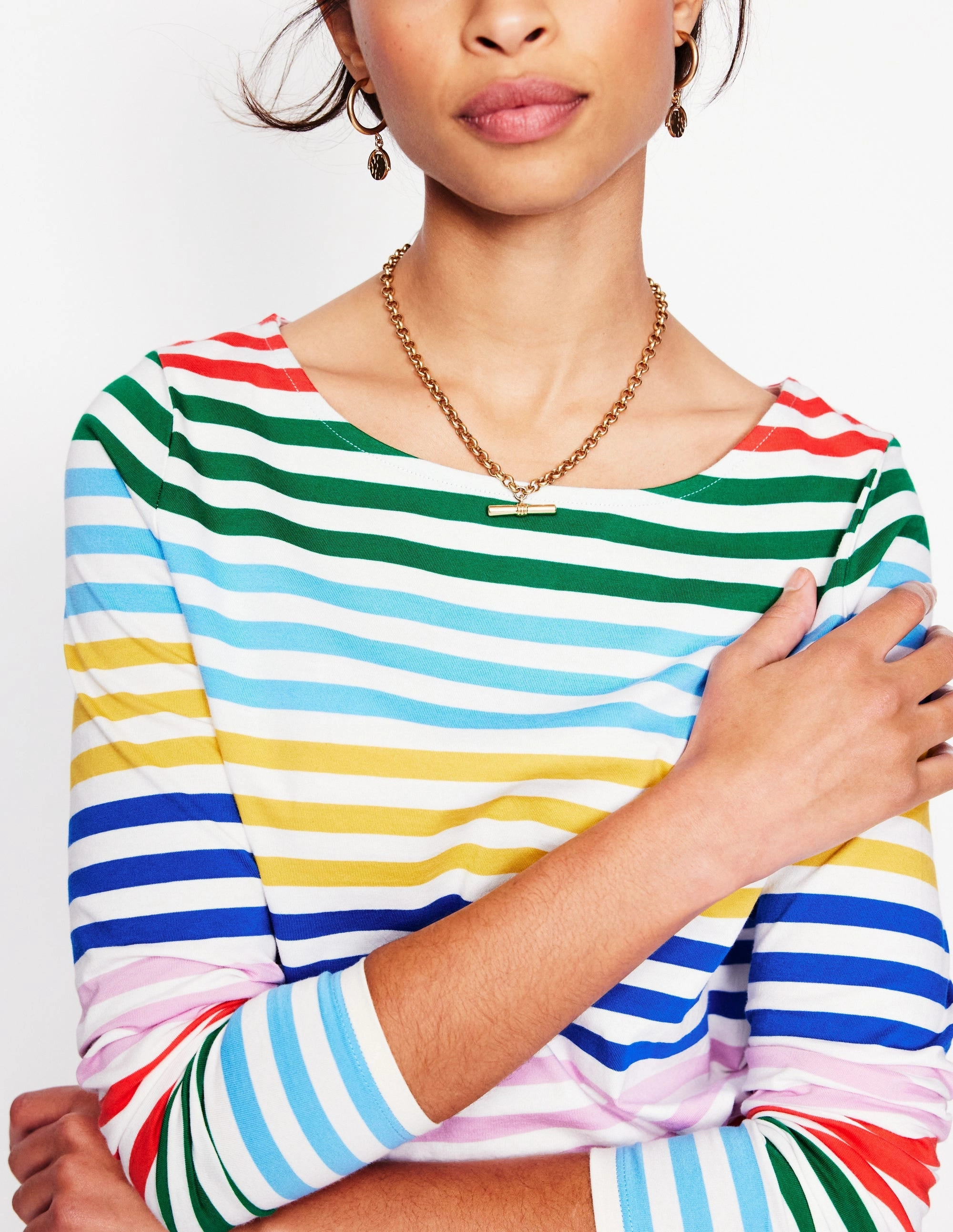 Layered Look Ella Long Sleeve Breton-Banded Rainbow Stripe