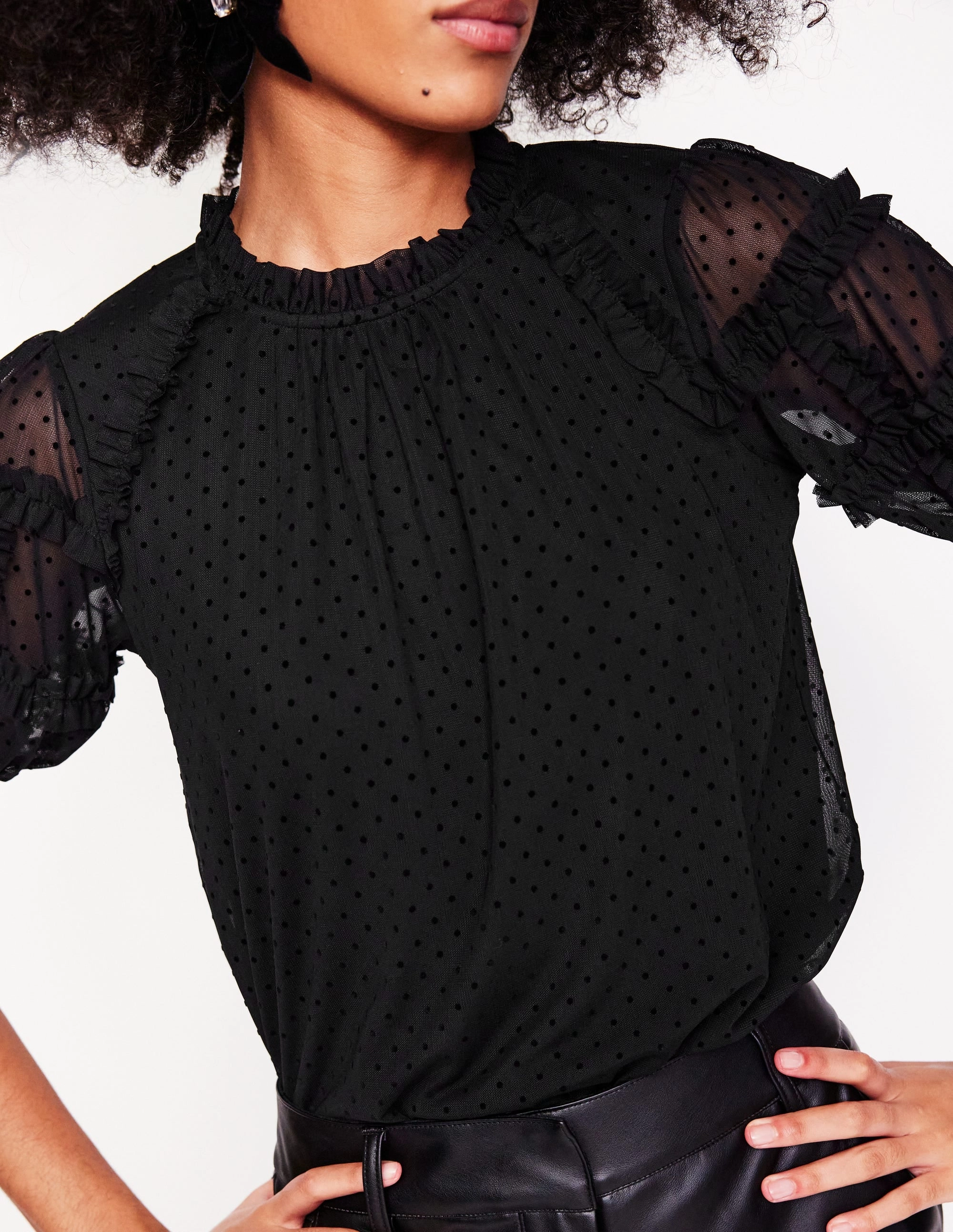 Casual Jacket Formal Wear Short-Sleeve Spotty Tulle Top-Black