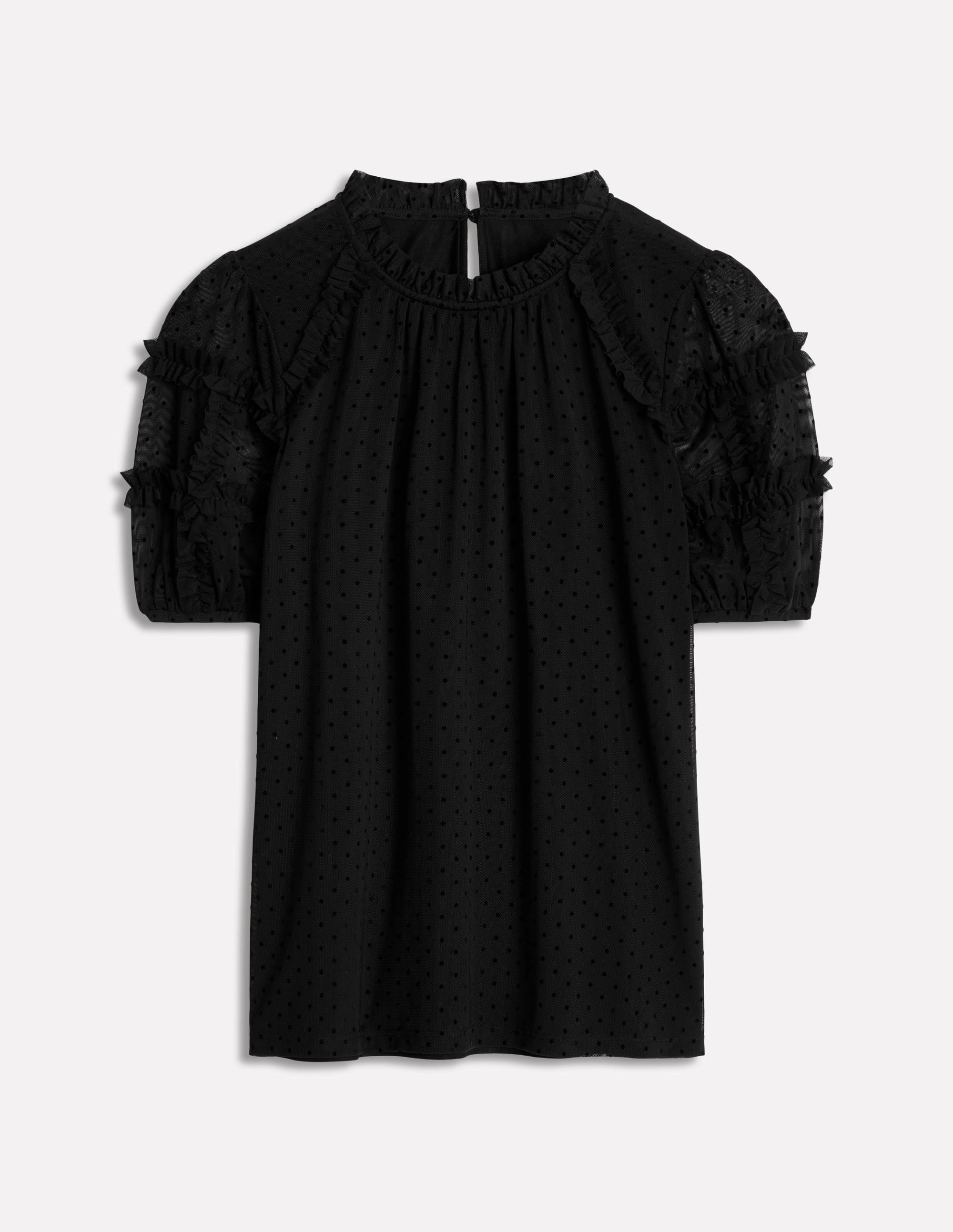 Short-Sleeve Spotty Tulle Top-Black PuckerFree Surface Reverseble Design