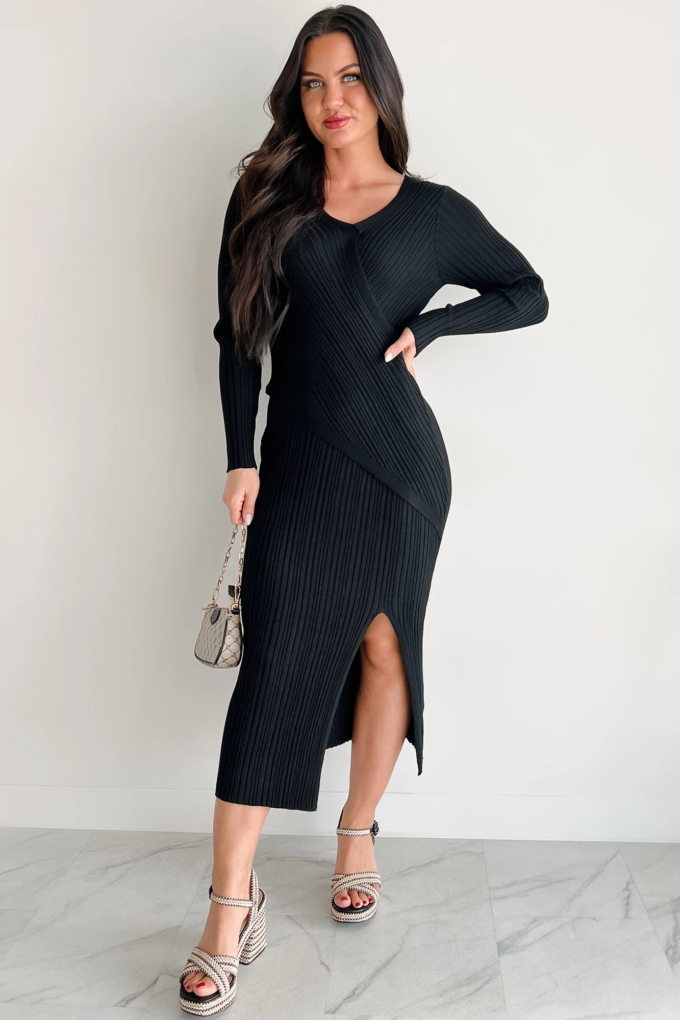 Sunday Brunch Ribbed Long Sleeve Maxi Dress (Black) Smooth silhouette Weekend Fresh