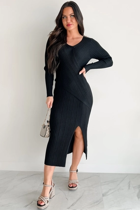 Relaxed Design Sunday Brunch Ribbed Long Sleeve Maxi Dress (Black)