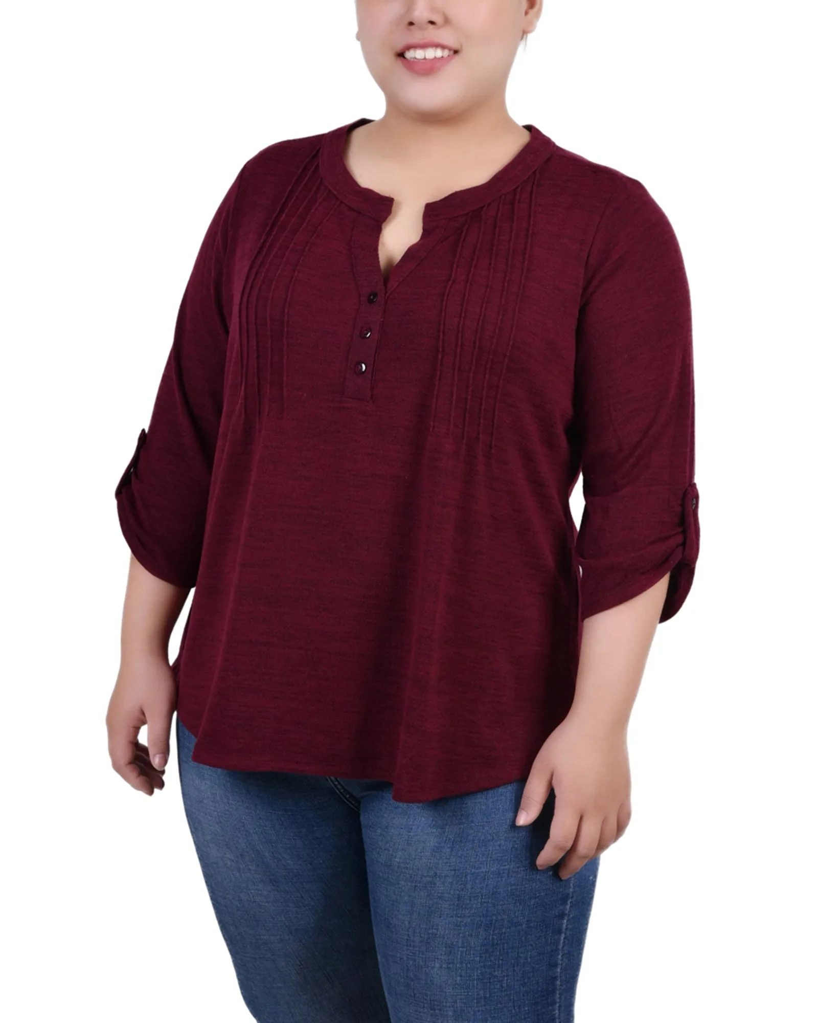 Double Stitched Seams Relaxed Top Plus Size 3/4 Roll Tab Sleeve Y Neck Top
