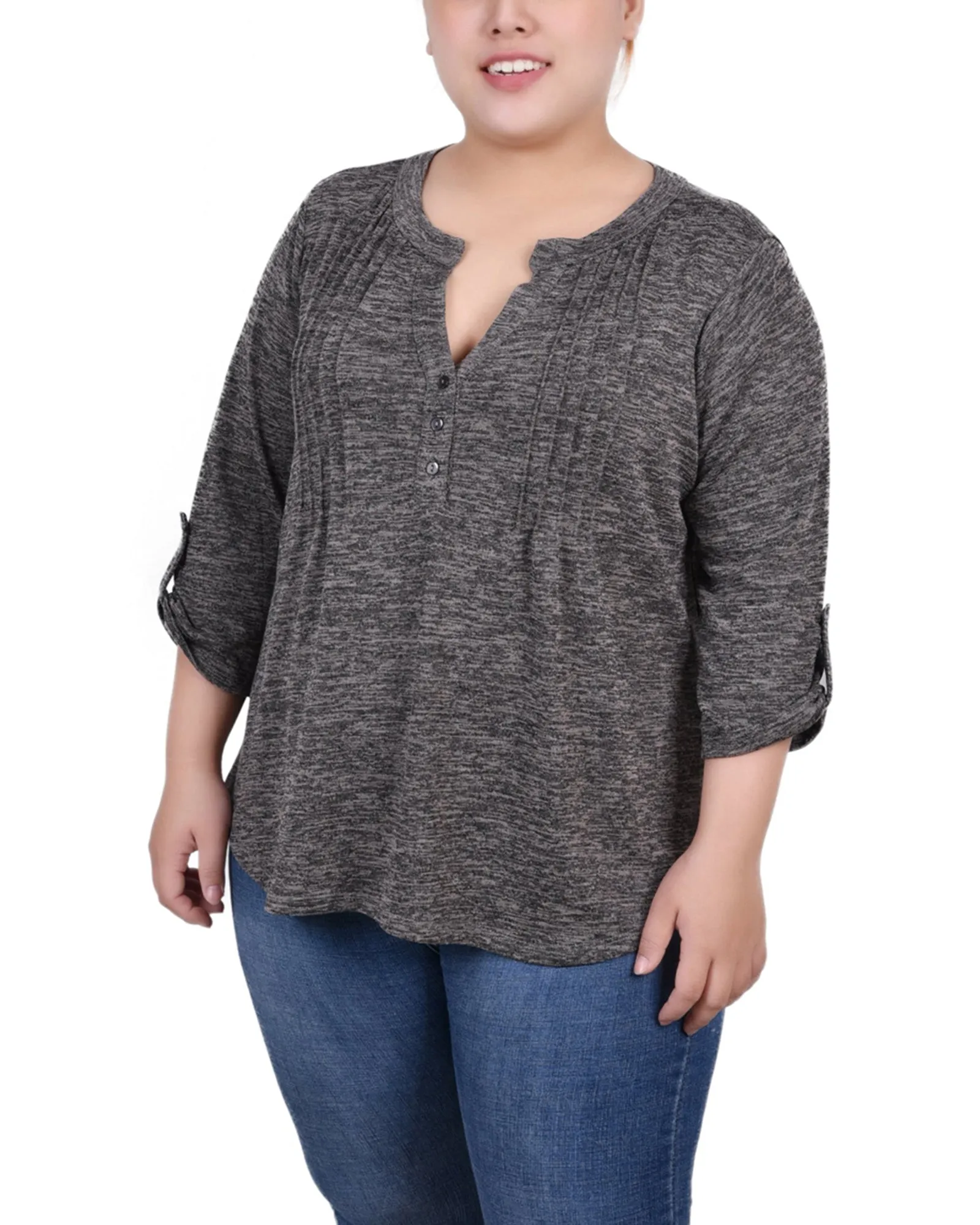 Plus Size 3/4 Roll Tab Sleeve Y Neck Top Bold Patterns
