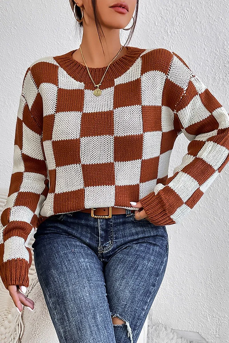 WOMEN LOOSE FIT RIBBED PLAID PATTERN KNIT SWEATER WideNeckline Temperature control