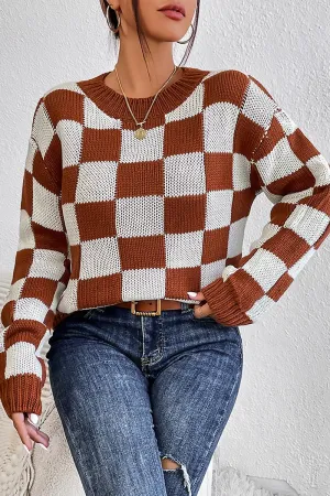 Formal Tank WOMEN LOOSE FIT RIBBED PLAID PATTERN KNIT SWEATER