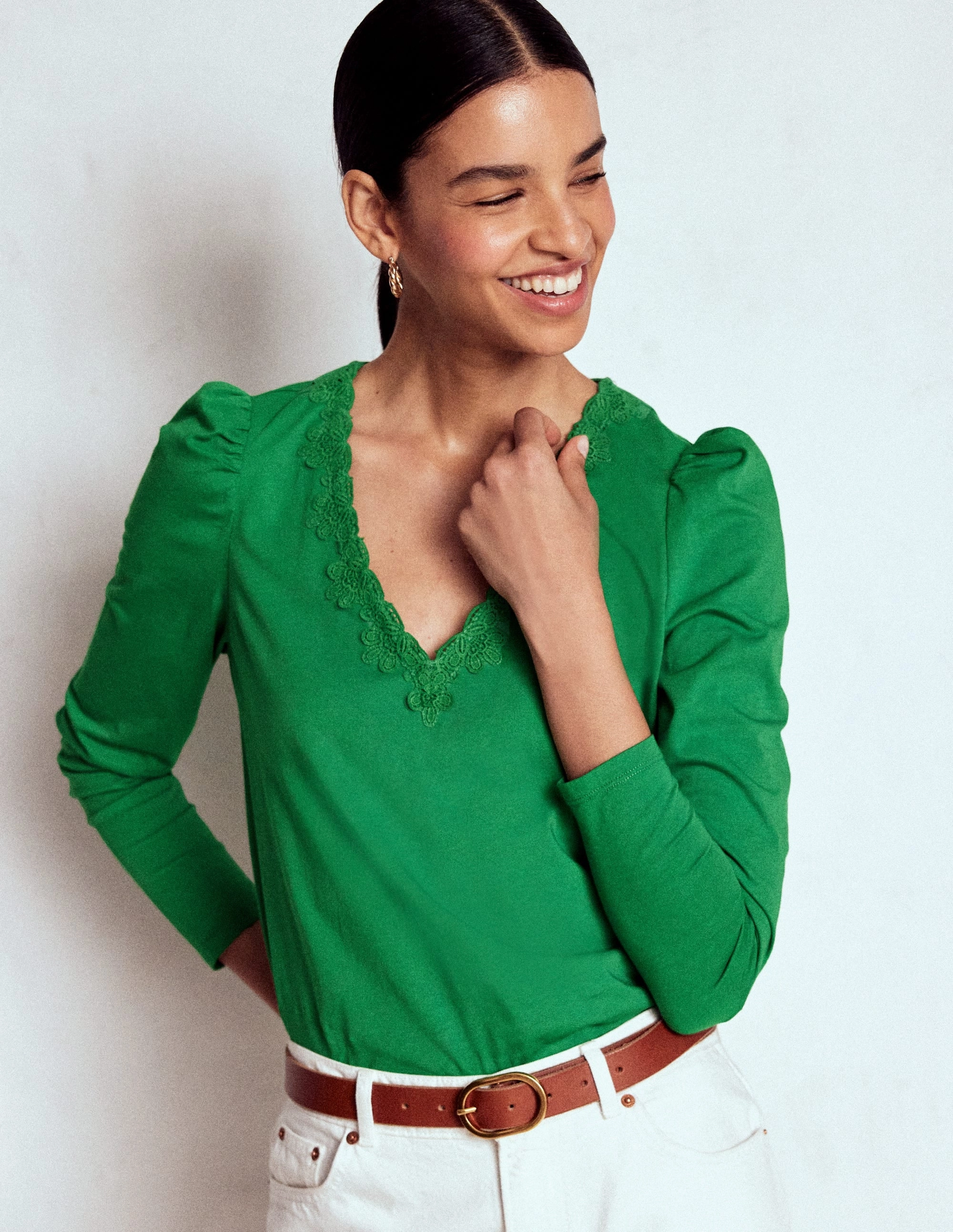 Flora Lace V-neck Top-Highland Green DropShoulder