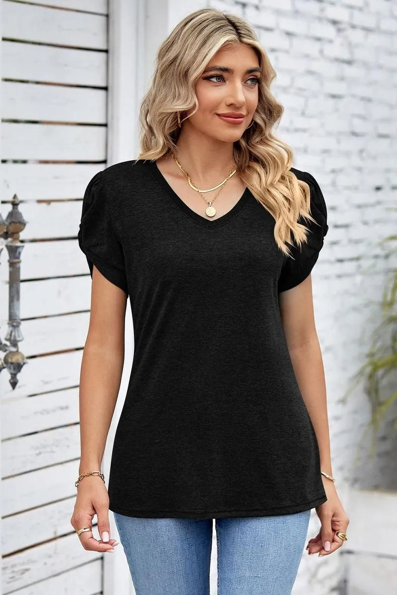 Airy Mesh Lining DRAPED PUFF SLEEVE WOMEN DAILY T SHIRTS