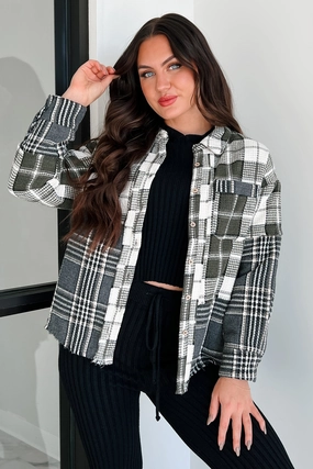 Brently Textured Plaid Shacket (Olive) Ultra Light Packable Fit For Travel