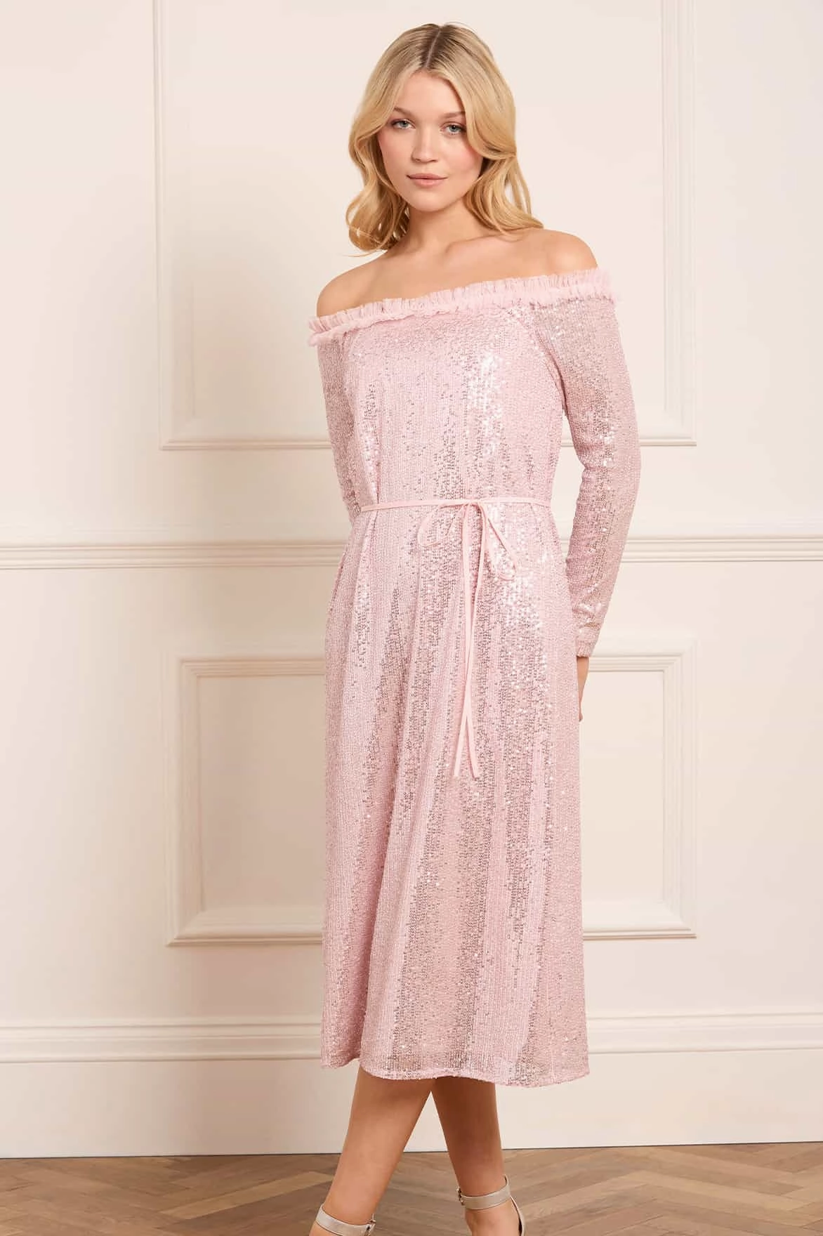 Esme Off-Shoulder Ballerina Dress Contrast-Piping Soft Texture