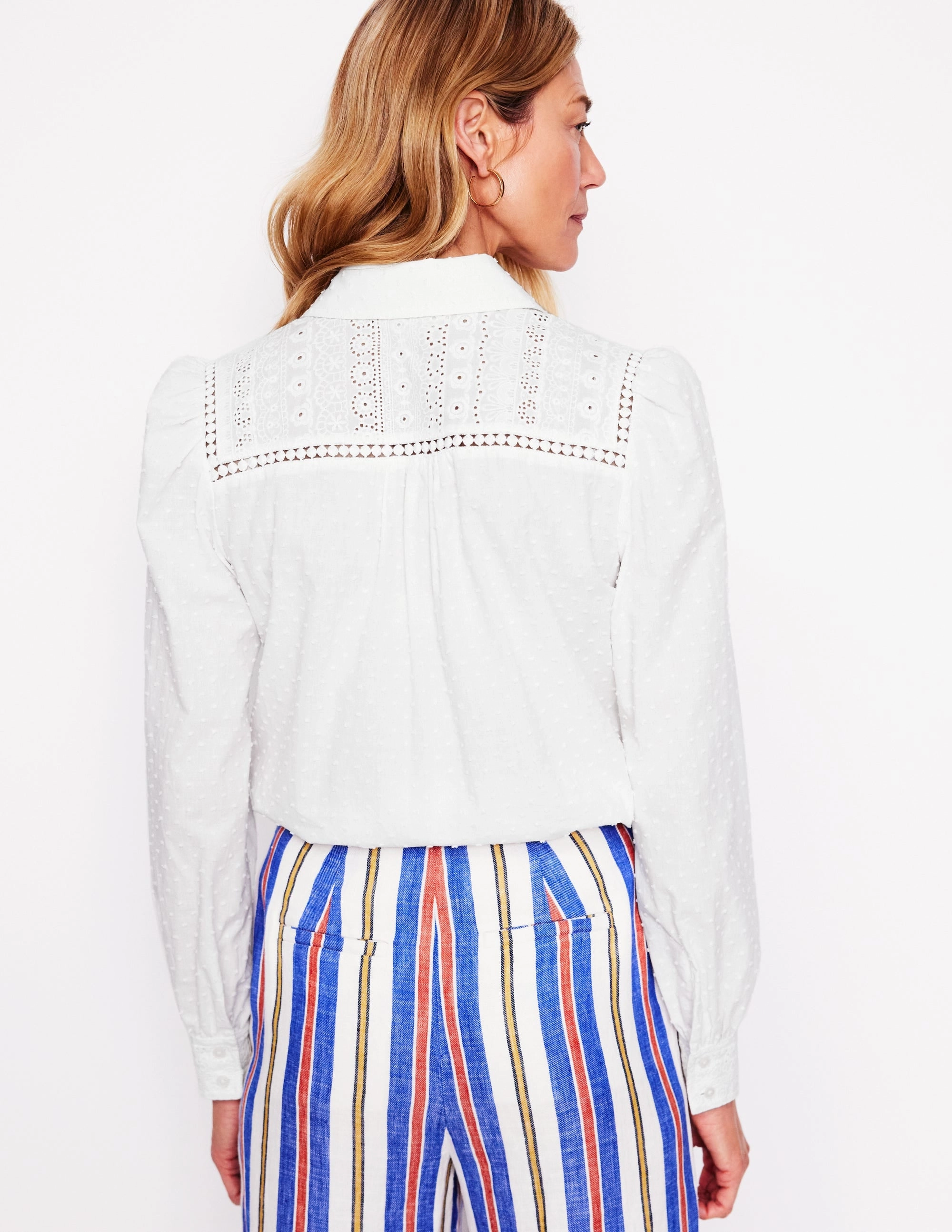 Broderie Contrast Yoke Shirt-White Stain Resistant Treatment
