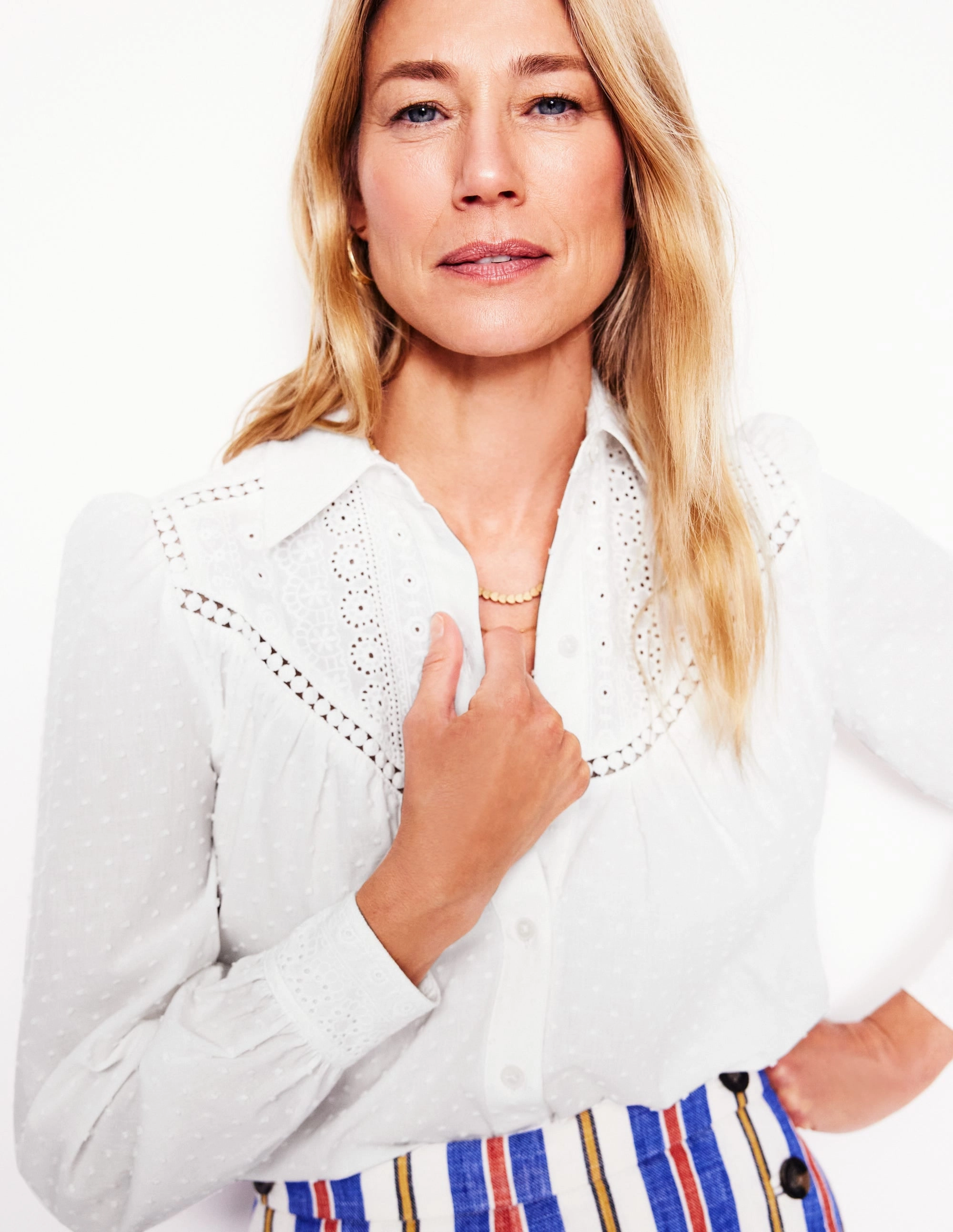 Broderie Contrast Yoke Shirt-White Smooth Stitching