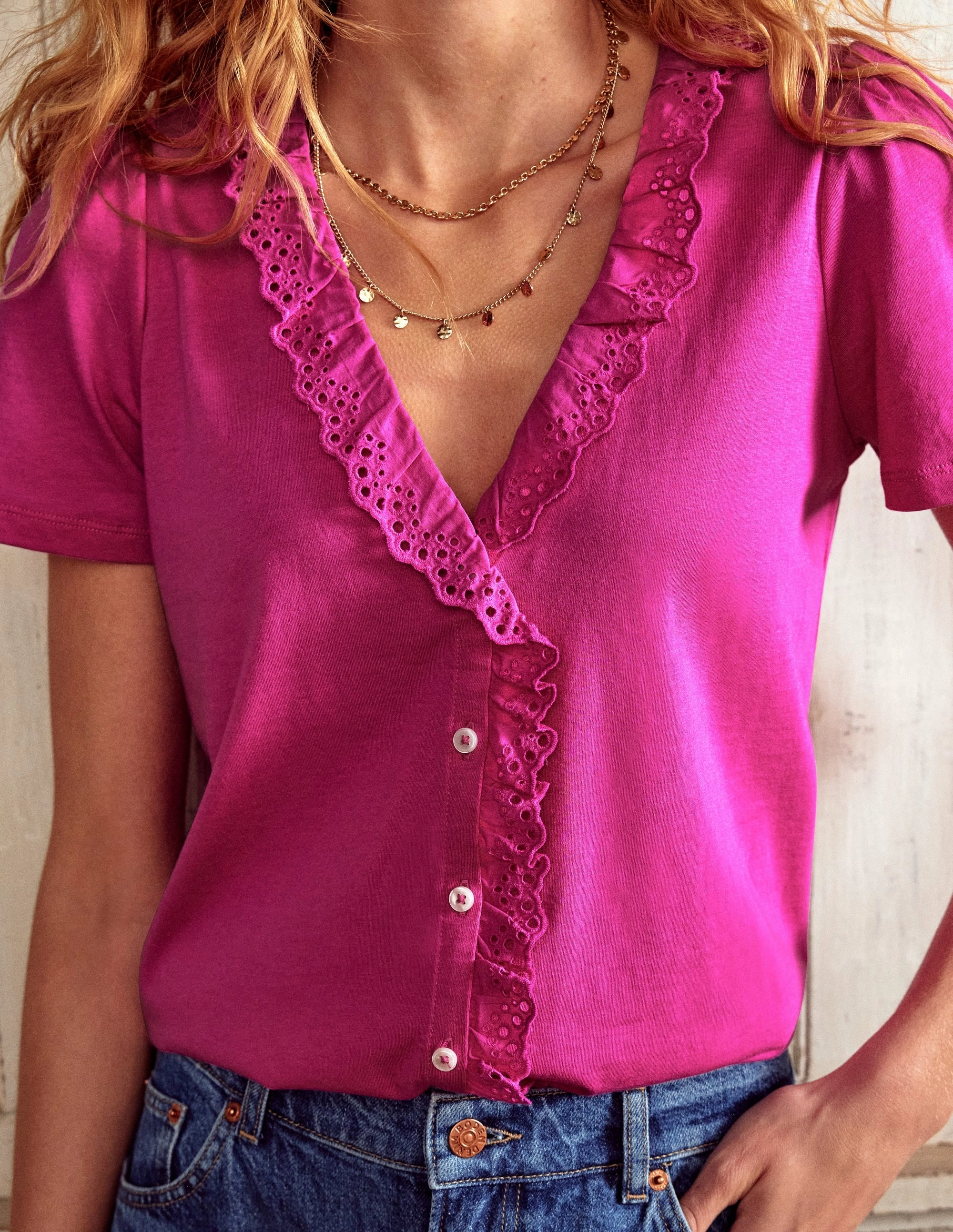 Broderie V-Neck Top-Cosmos Pink ComfortStretchFit