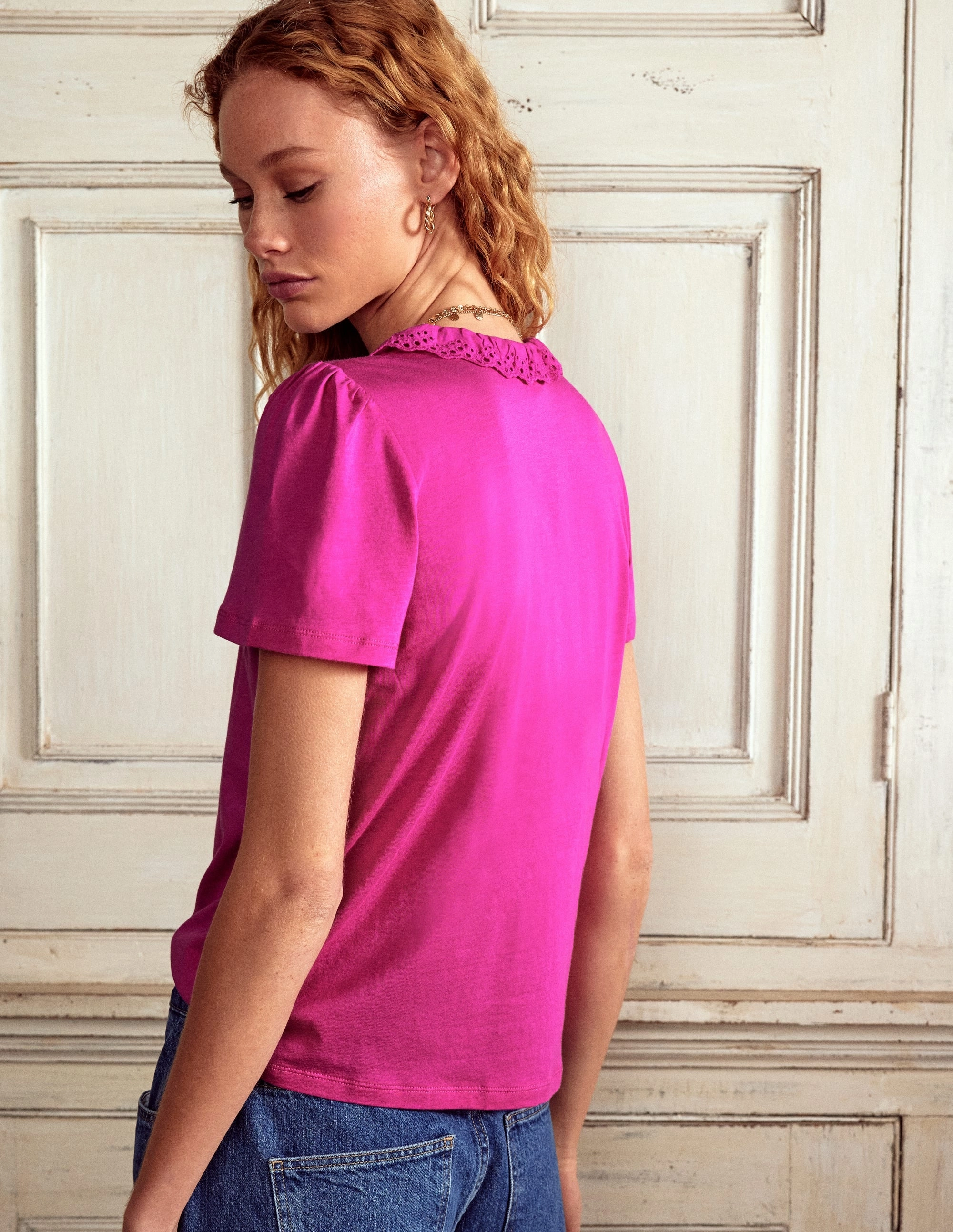 Cooling Technology Odor Resistant Technology Broderie V-Neck Top-Cosmos Pink