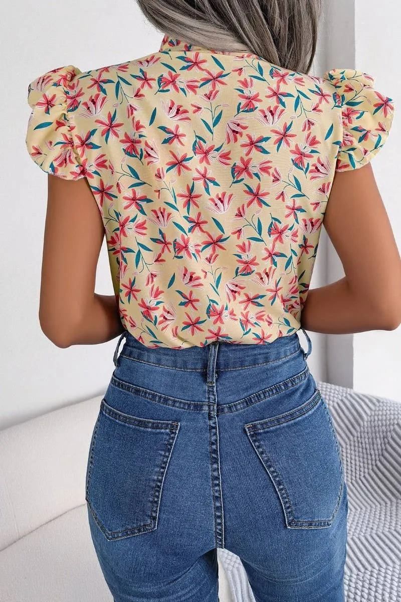 BROKEN FLOWERS WOOD EAR LACE BOW CHIFFON SHIRT_CWTSTSL0036 DoubleLayered